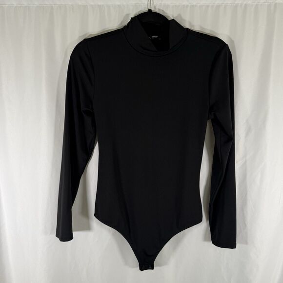 Express Bodysuit Women's Medium Black Body Contour Long Sleeve Open Back Mock Ne - Picture 1 of 11